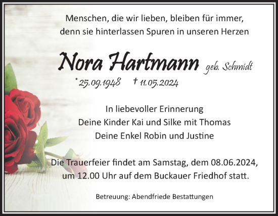 Traueranzeige von Nora Hartmann von Volksstimme Magdeburg