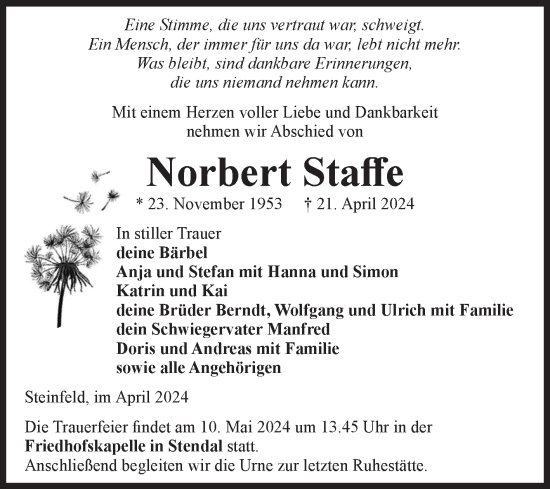 Traueranzeige von Norbert Staffe von Volksstimme Altmark Ost