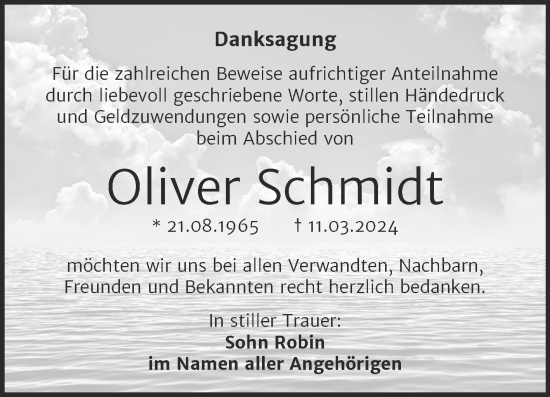 Traueranzeige von Oliver Schmidt von Super Sonntag Naumburg/Nebra