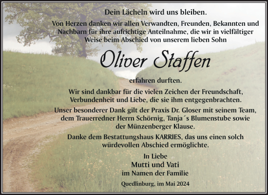 Traueranzeige von Oliver Staffen von Trauerkombi Quedlinburg