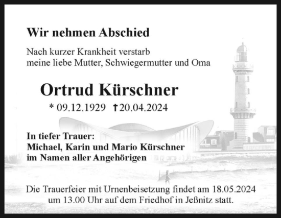 Traueranzeige von Ortrud Kürschner von Trauerkombi Bitterfeld