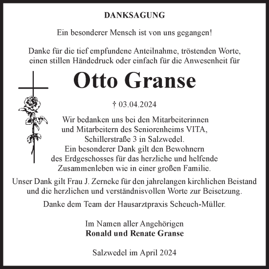 Traueranzeige von Otto Granse von Volksstimme Altmark West