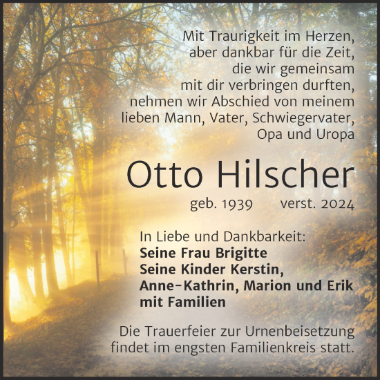 Traueranzeige von Otto Hilscher von Trauerkombi Zeitz