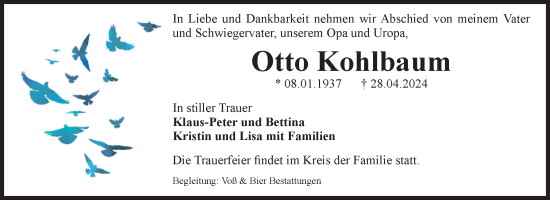 Traueranzeige von Otto Kohlbaum von Volksstimme Wernigerode