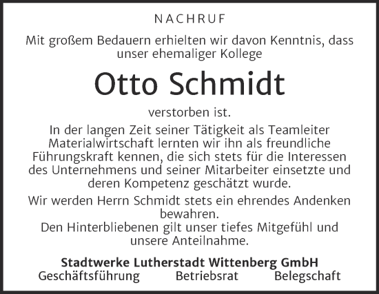 Traueranzeige von Otto Schmidt von Super Sonntag Wittenberg