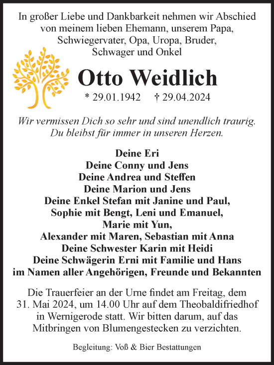 Traueranzeige von Otto Weidlich von Volksstimme Wernigerode