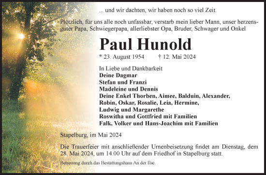 Traueranzeige von Paul Hunold von Volksstimme Wernigerode