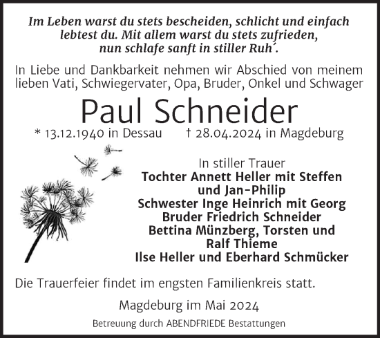 Traueranzeige von Paul Schneider von Mitteldeutsche Zeitung Dessau-Roßlau