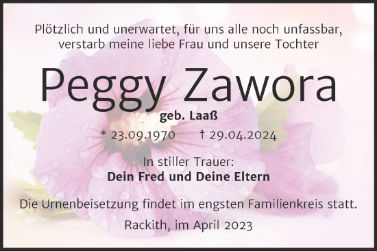 Traueranzeige von Peggy Zawora von Super Sonntag Wittenberg