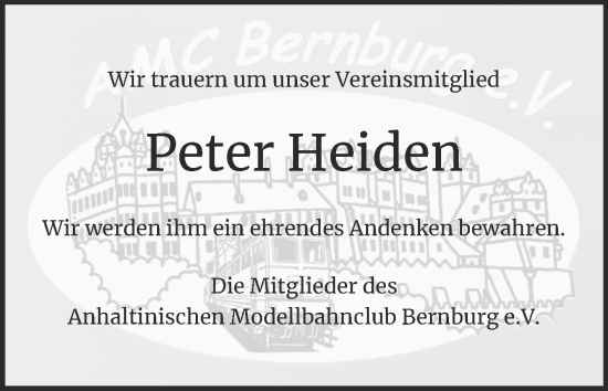 Traueranzeige von Peter Heiden von Trauerkombi Bernburg