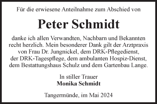 Traueranzeige von Peter Schmidt von Volksstimme Altmark Ost