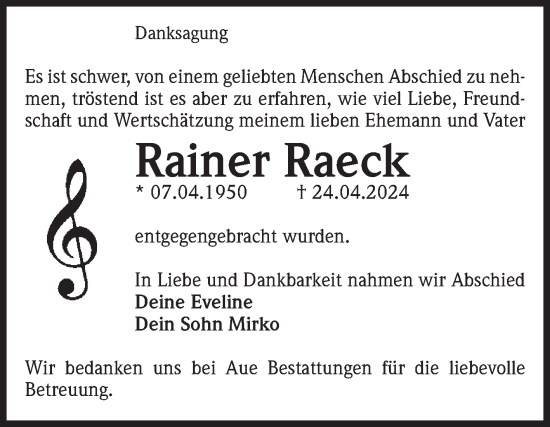 Traueranzeige von Rainer Raeck von Volksstimme Magdeburg