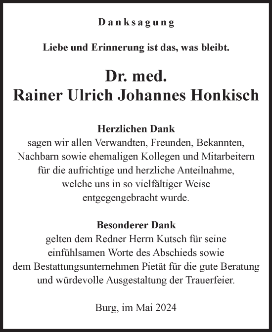 Traueranzeige von Rainer Ulrich Johannes Honkisch von Volksstimme Burg/Genthin