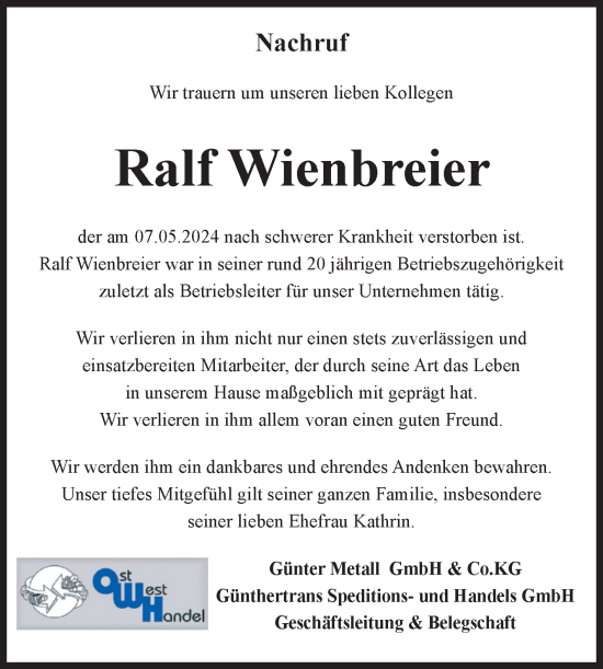 Traueranzeige von Ralf Wienbreier von Volksstimme Wernigerode