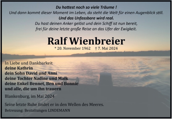 Traueranzeige von Ralf Wienbreier von Volksstimme Wernigerode