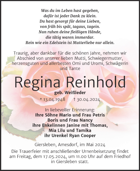 Traueranzeige von Regina Reinhold von Trauerkombi Aschersleben