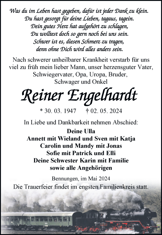 Traueranzeige von Reiner Engelhardt von Trauerkombi Sangerhausen