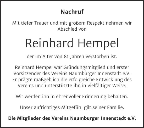 Traueranzeige von Reinhard Hempel von Naumburger Tageblatt