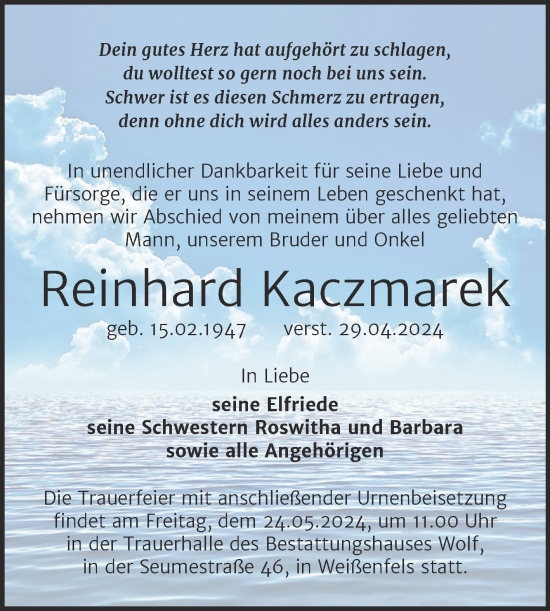 Traueranzeige von Reinhard Kaczmarek von Trauerkombi Weißenfels