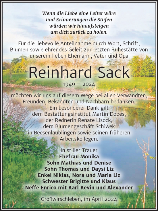 Traueranzeige von Reinhard Sack von Trauerkombi Bernburg