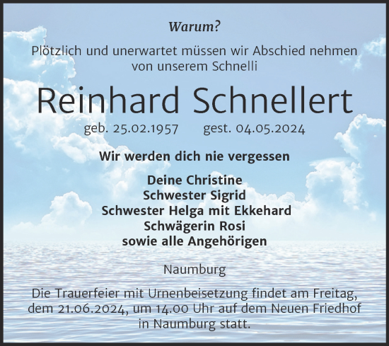 Traueranzeige von Reinhard Schnellert von Super Sonntag Naumburg/Nebra