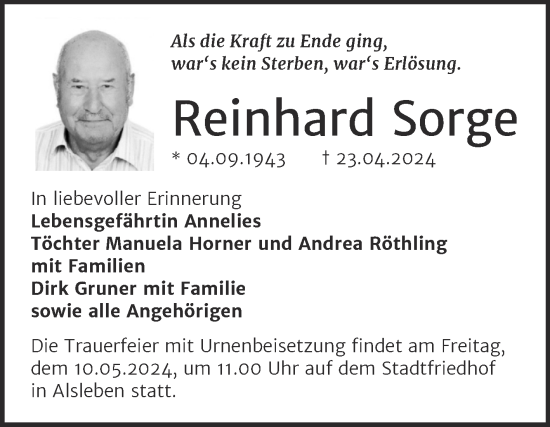 Traueranzeige von Reinhard Sorge von Trauerkombi Bernburg