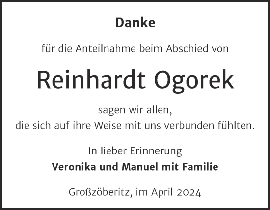 Traueranzeige von Reinhardt Ogorek von Trauerkombi Bitterfeld