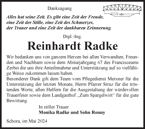 Traueranzeige von Reinhardt Radke von Volksstimme Zerbst