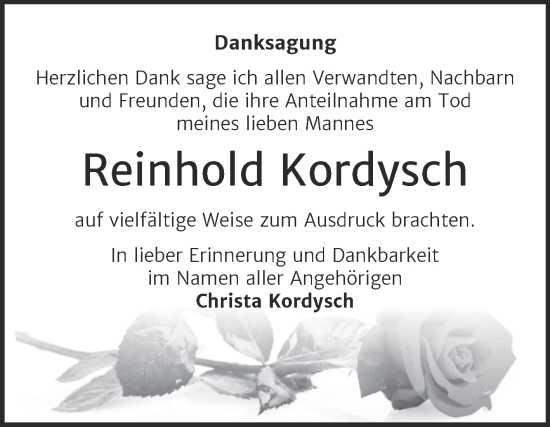 Traueranzeige von Reinhold Kordysch von Trauerkombi Dessau