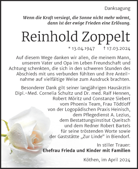 Traueranzeige von Reinhold Zoppelt von Trauerkombi Köthen