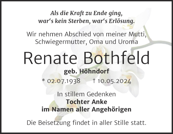 Traueranzeige von Renate Bothfeld von Trauerkombi Bernburg