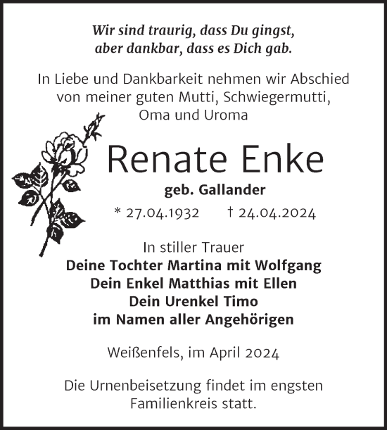 Traueranzeige von Renate Enke von Trauerkombi Weißenfels
