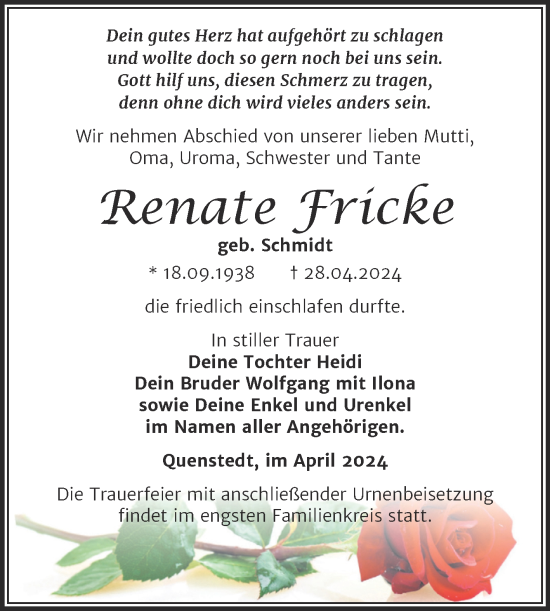 Traueranzeige von Renate Fricke von Trauerkombi Mansfelder Land