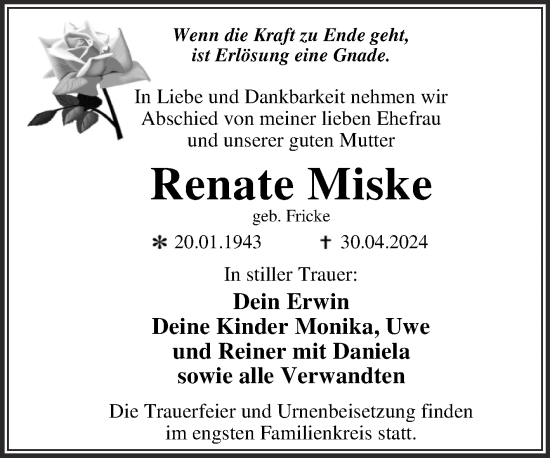 Traueranzeige von Renate Miske von Trauerkombi Dessau
