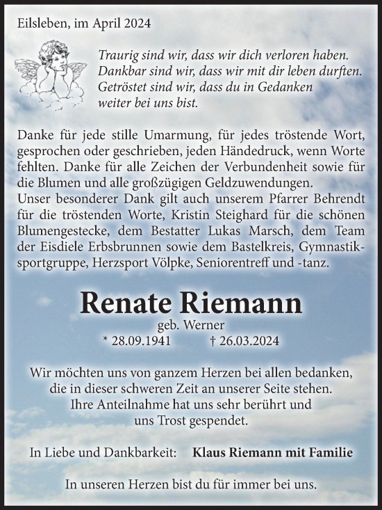 Traueranzeige von Renate Riemann von Volksstimme Oschersleben/Wanzleben