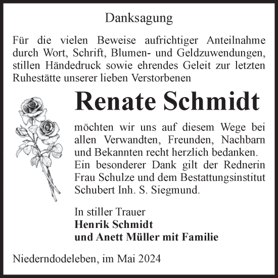 Traueranzeige von Renate Schmidt von Volksstimme Haldensleben/Wolmirstedt