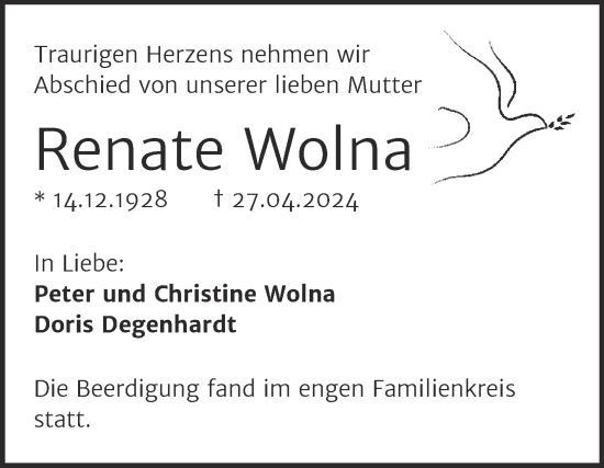 Traueranzeige von Renate Wolna von Mitteldeutsche Zeitung Halle/Saalkreis