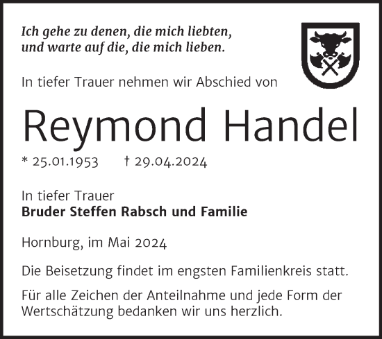 Traueranzeige von Reymond Handel von Trauerkombi Mansfelder Land