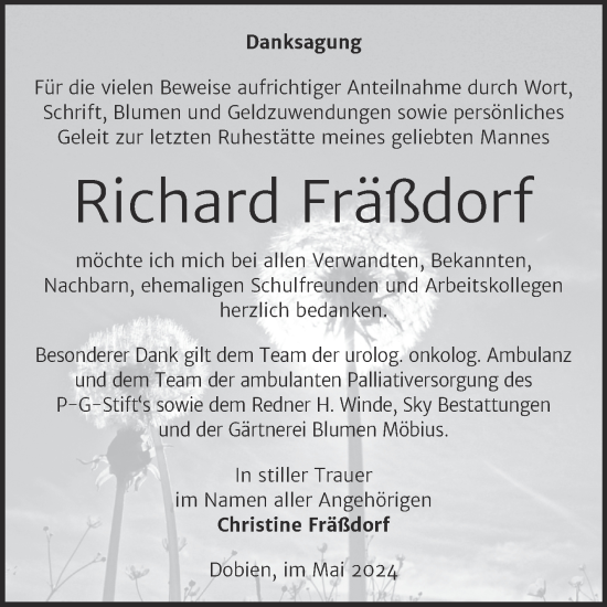 Traueranzeige von Richard Fräßdorf von Trauerkombi Wittenberg