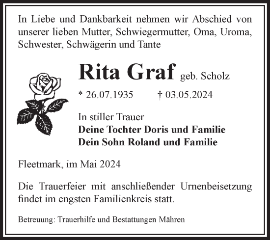 Traueranzeige von Rita Graf von Volksstimme Altmark West