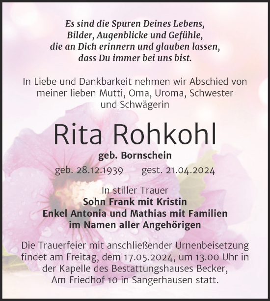 Traueranzeige von Rita Rohkohl von Mitteldeutsche Zeitung Sangerhausen