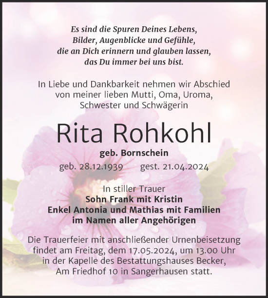 Traueranzeige von Rita Rohkohl von Trauerkombi Sangerhausen