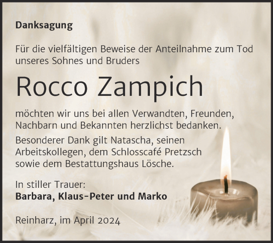 Traueranzeige von Rocco Zampich von Trauerkombi Wittenberg