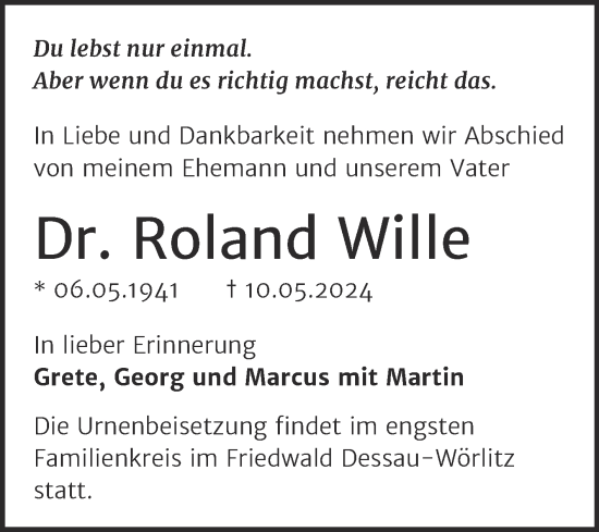 Traueranzeige von Roland Wille von Mitteldeutsche Zeitung Halle/Saalkreis