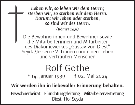 Traueranzeige von Rolf Gothe von Super Sonntag Wittenberg