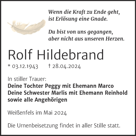 Traueranzeige von Rolf Hildebrand von Trauerkombi Weißenfels