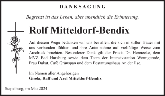 Traueranzeige von Rolf Mitteldorf-Bendix von Volksstimme Wernigerode