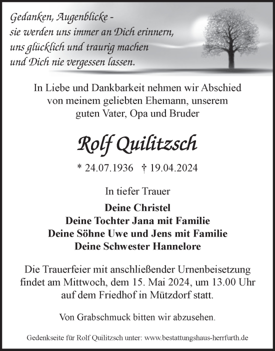 Traueranzeige von Rolf Quilitzsch von Mitteldeutsche Zeitung Dessau-Roßlau