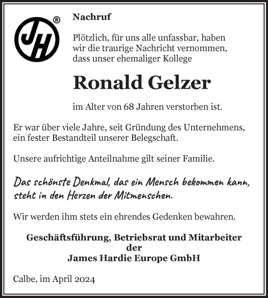 Traueranzeige von Ronald Gelzer von Volksstimme Schönebeck