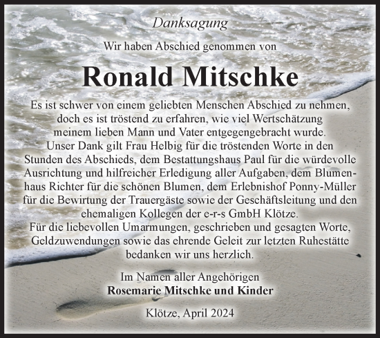 Traueranzeige von Ronald Mitschke von Volksstimme Altmark West